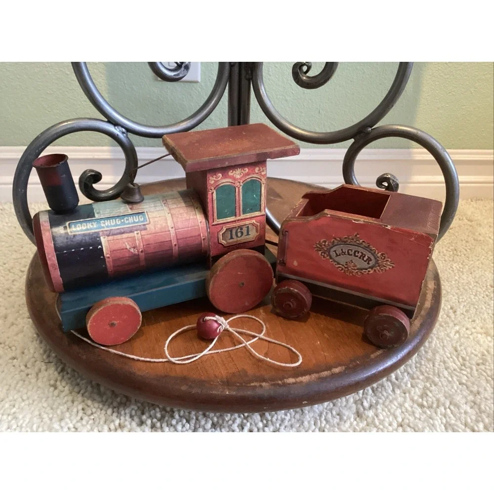 Vintage Pull Behind Looky Chug-Chug Wood And Metal Train And Car Toy
